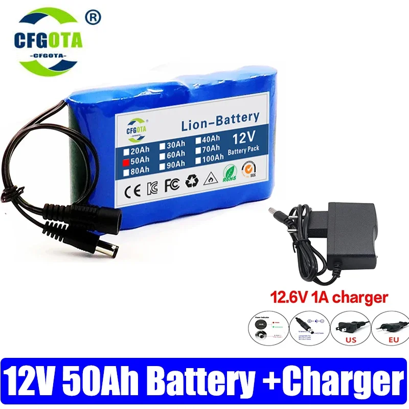 18650 3S2P 12V 50000mah Original Lithium Ion Battery DC 12.6V 50Ah Rechargeable CCTV, Camera Monitor Replacement Battery + Charg