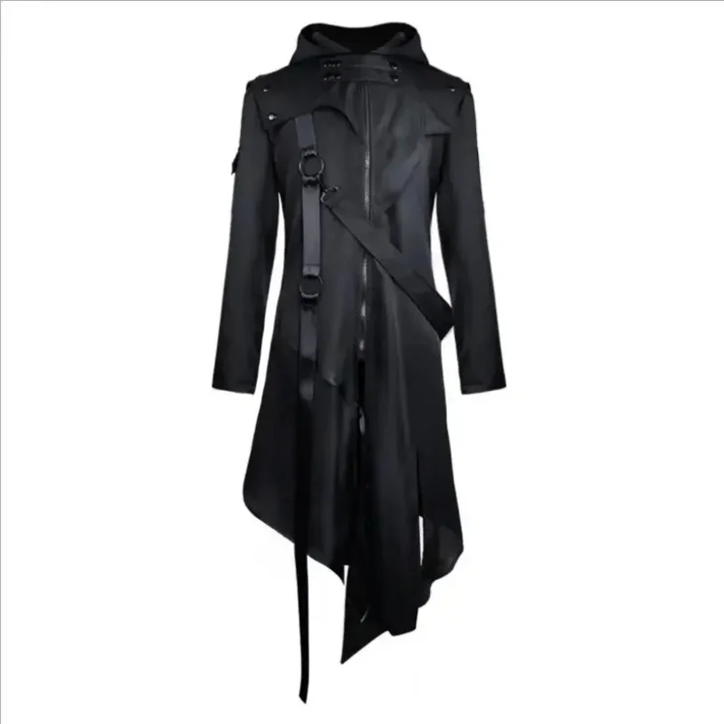 Medieval Men Gothic Irregular Hooded Hip Hop Trench Coat Steampunk Long Black Design Overcoat Assassin Cosplay Costu