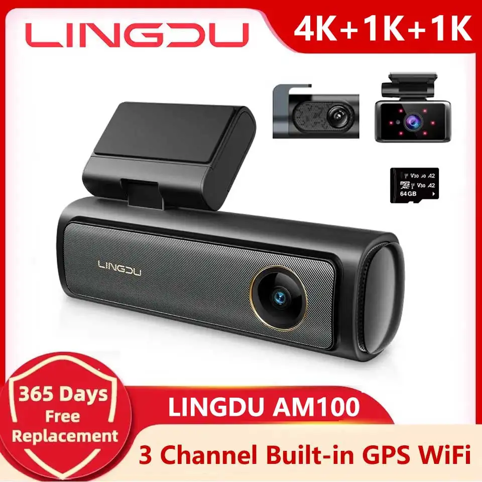 

LINGDU AM100 3 Camera Dash Cam 4K +1080P+1080P Cam Car DVR Built-In GPS 5.8GHZWiFi BT Car Recorders IR Night Vision APP Control