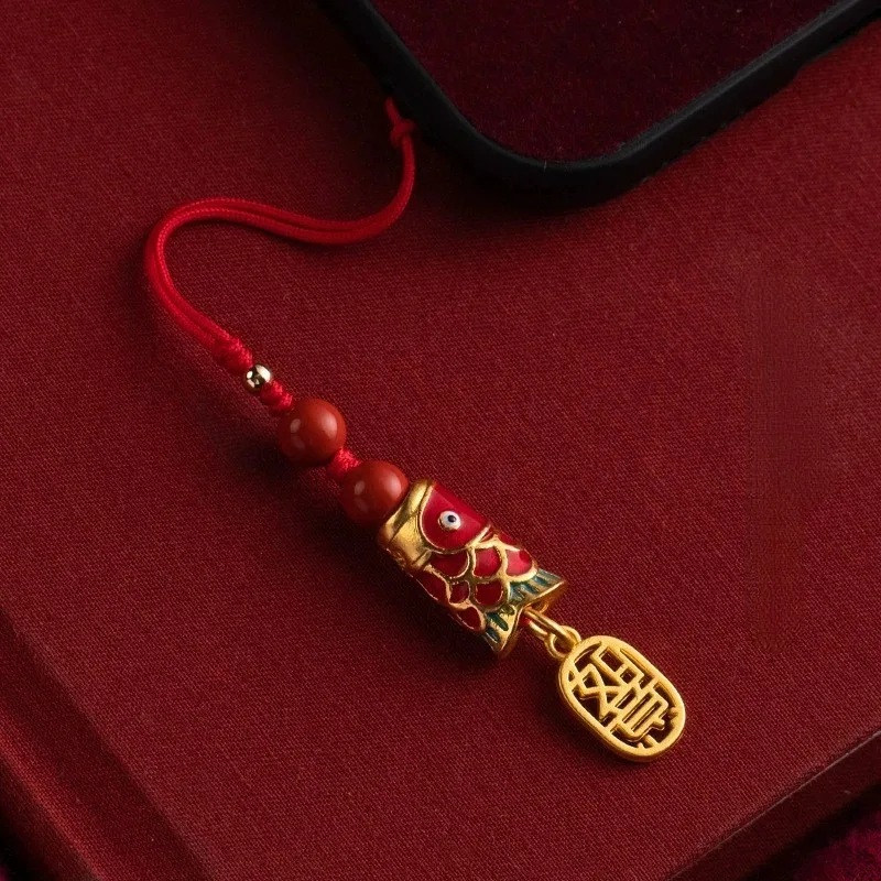 Creative Chinese Style Good Luck Koi Enamel Cinnabar Praying for Blessings USB Flash Drive Mobile Phone Pendant Hanging Rope