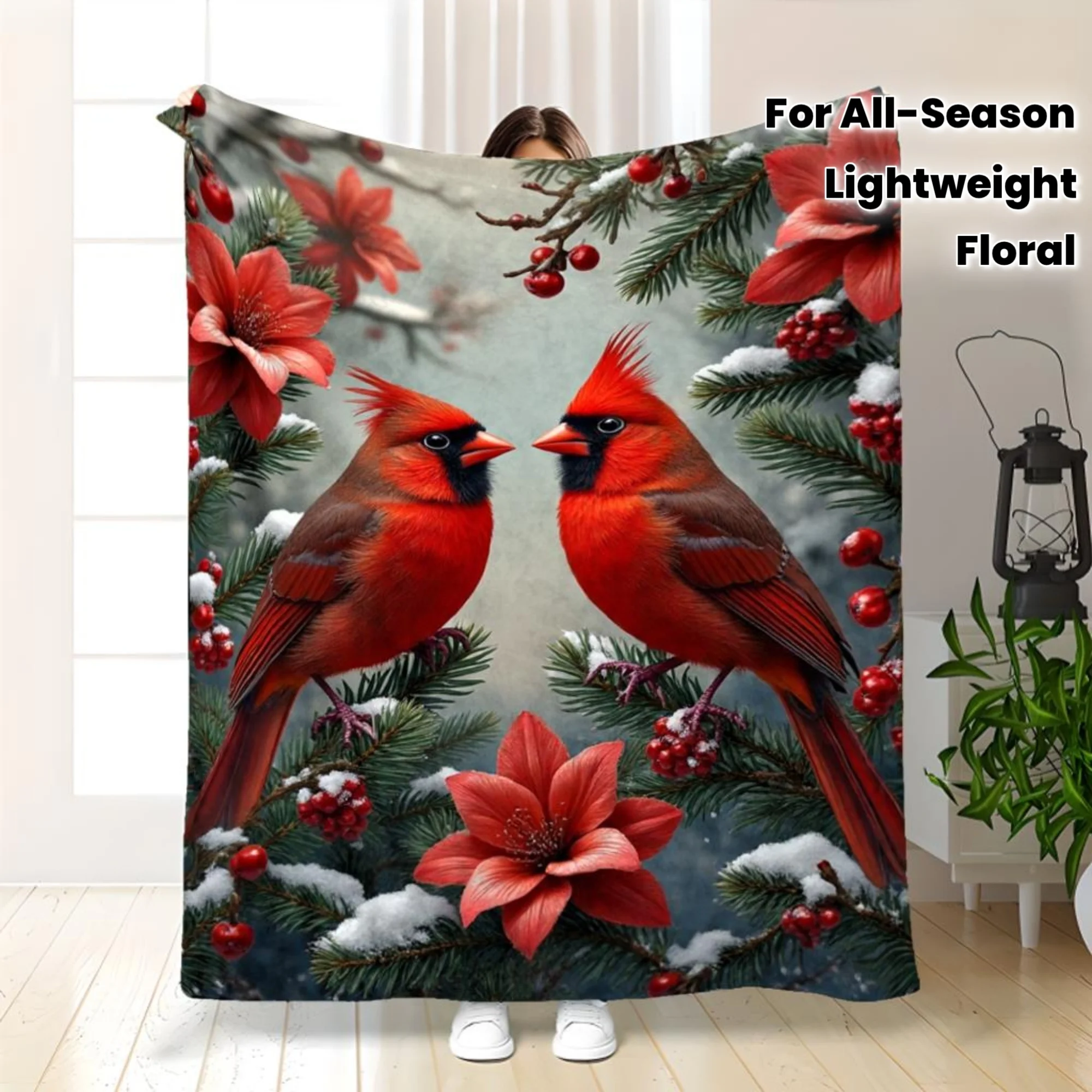 1pc 2D Flat Winter Theme Blanket, Cardinal & Floral Design,Light Cozy Throw with Cardinal and Green Leaf Pattern, All Season Use