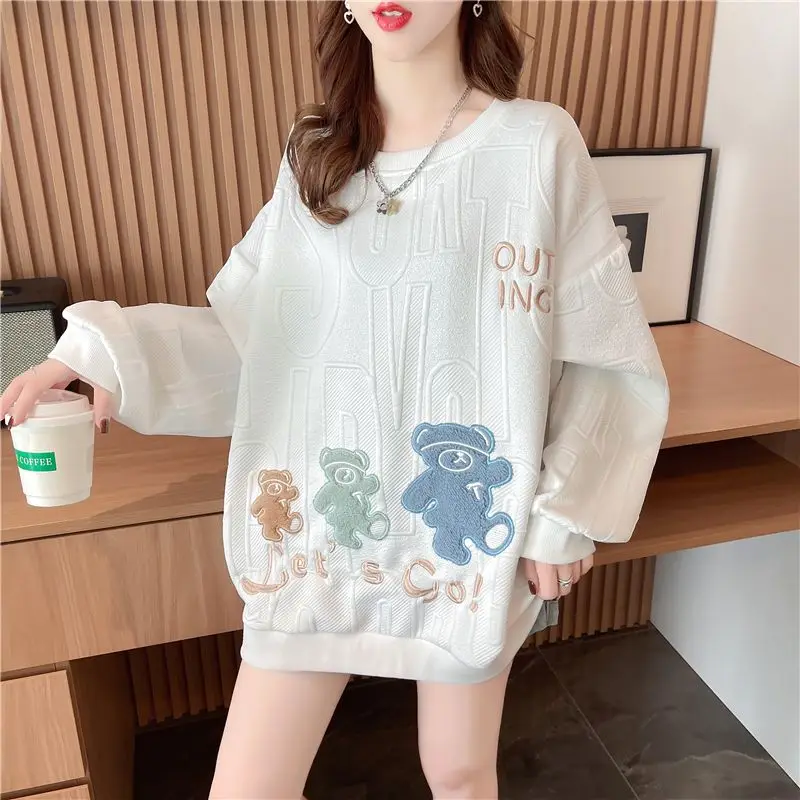 Women Korean Funny Cute Cartoon Bear Embroidery Streetwear Oversized Sweatshirts Y2K Female Trendy Casual Long Sleeve Tops Ropa