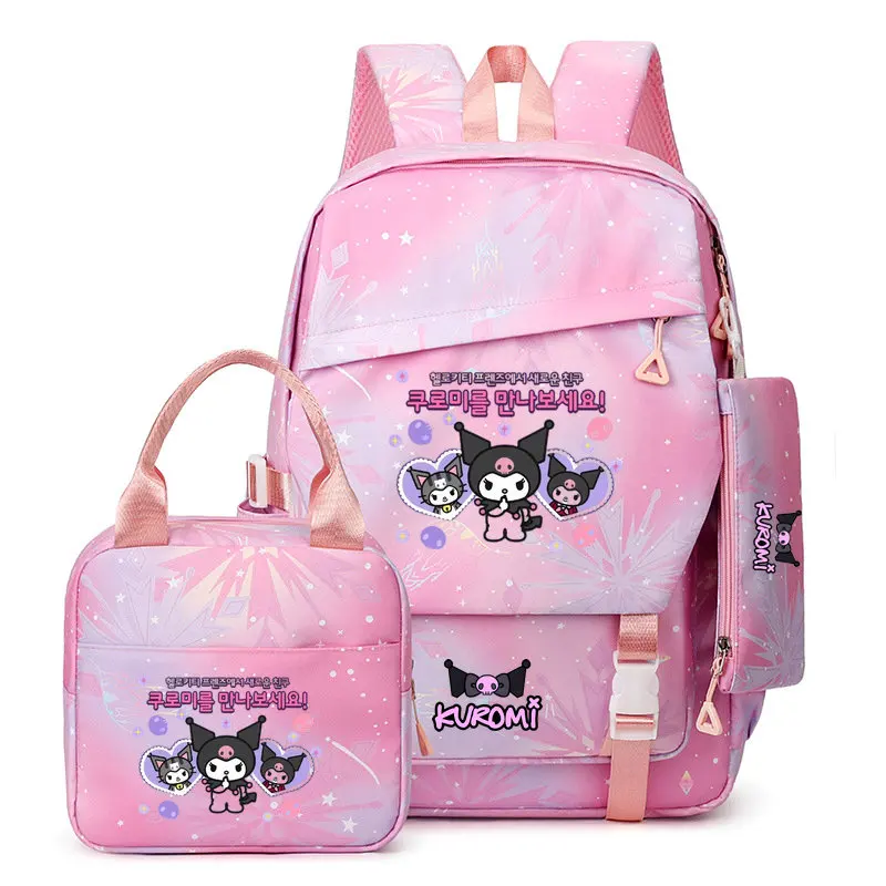 3Pcs Kuromi Anime Print Backpack For Boys Girls Set Schoolbag Large Capacity Lightweight And Breathable Outdoor Knapsack