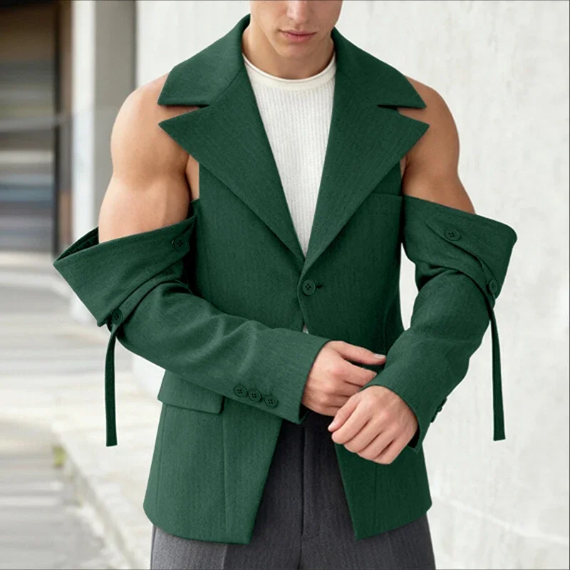 

INCERUN мужской пиджак сплошной цвет с лацканами и длинным рукавом, повседневный мужской костюм, уличная одежда с открытыми плечами, модные тонкие пальто для мужчин 2026