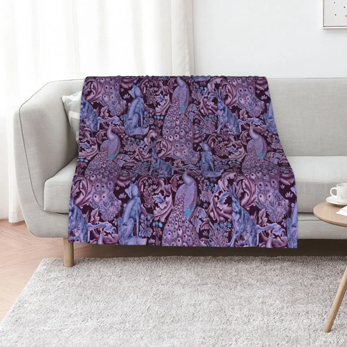 FOREST ANIMALS ,PEACOCKS, FOX AND HARE IN BLUE PURPLE LEAVES FLORAL PATTERN Throw Blanket Sofas Plush Blankets