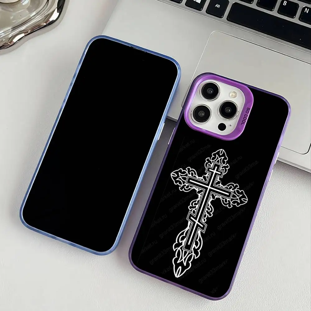 Чехол для телефона с православным крестом IPhone 17 16 15 14 13 12 Pro Max Plus разноцветный матовый посеребренный защитный Фото №3