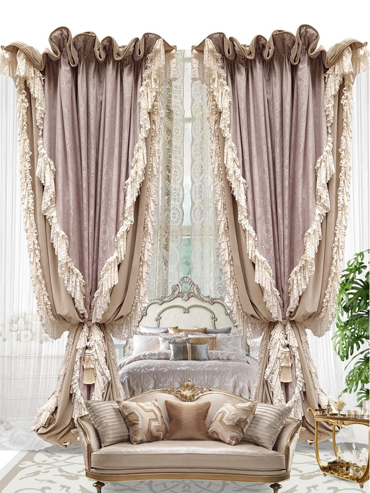 

French Palace Retro Luxury Curtains for Living Dining Room Bedroom Milk Tea Pink European Velvet American High-end