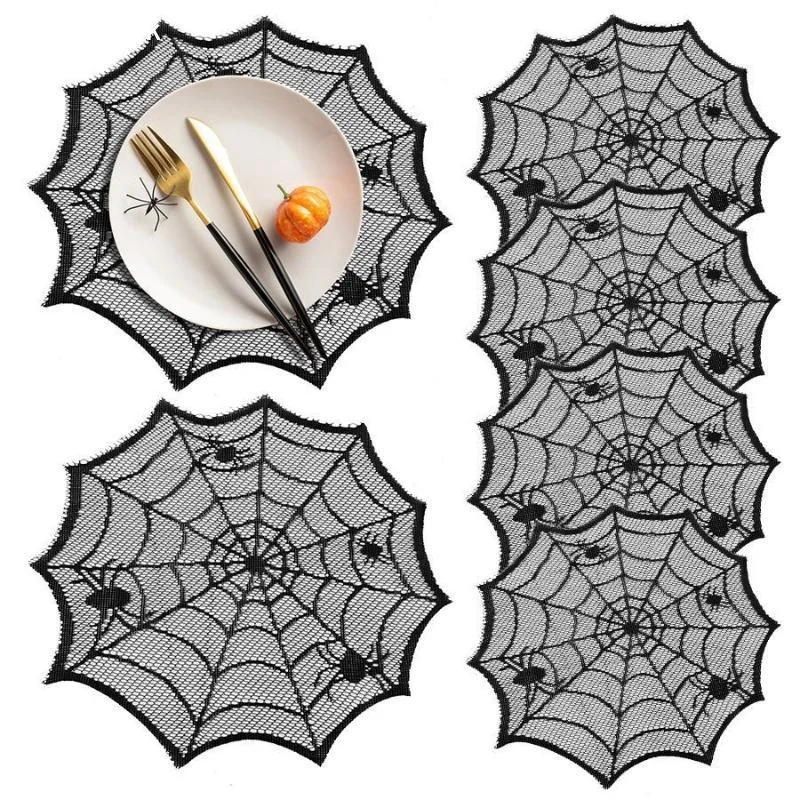 Answer2/4Pcs Spider Web Black Lace Tablecloth Halloween Table Cloth Decorative Placemat Cosplay Spider Silk Party Table Ornamen