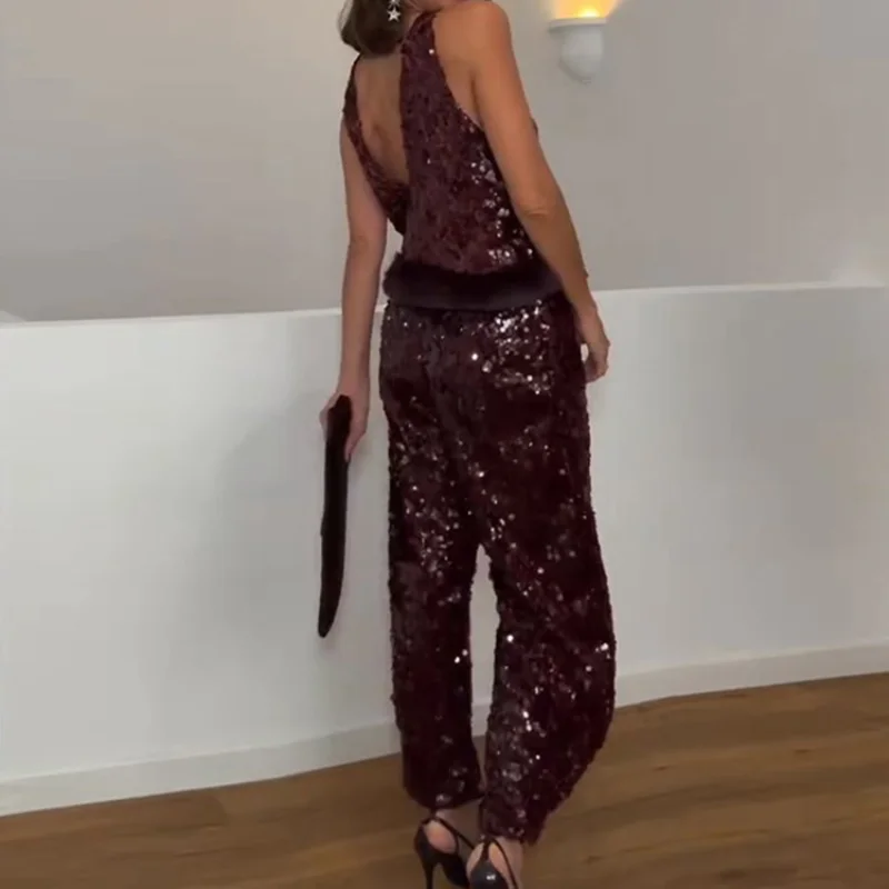 Sexy Shinny Paillettes Gilet Pantalone O Colletto Orlo peloso Halter Top Pantaloni larghi solidi 2025 Nwe Lady Fashion Party Streetwear