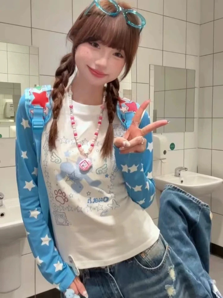 

HOUZHOU White Cartoon Juminocore T-Shirts Women Y2k Vintage Star Print Long Sleeve American Style Tees Sweet Aesthetic Casual