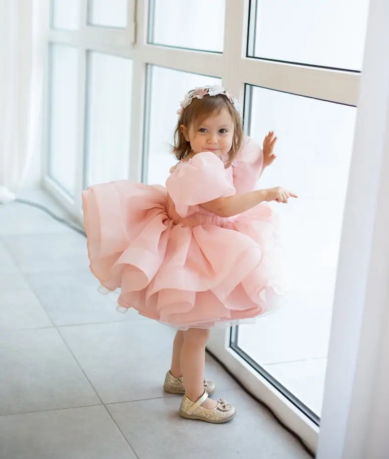 Blush Family Look Mother Daughter Matching Party Dress Handmade Flowers Soft Ruffled Sleeves Mommy and Me Dresses for Photoshoot