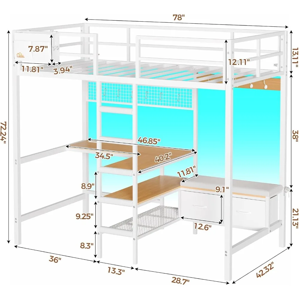 سرير علوي معدني مزدوج الحجم مع مكتب على شكل حرف L وأرفف تخزين ومحطة شحن وأضواء LED ورف معطف لغرفة الأطفال