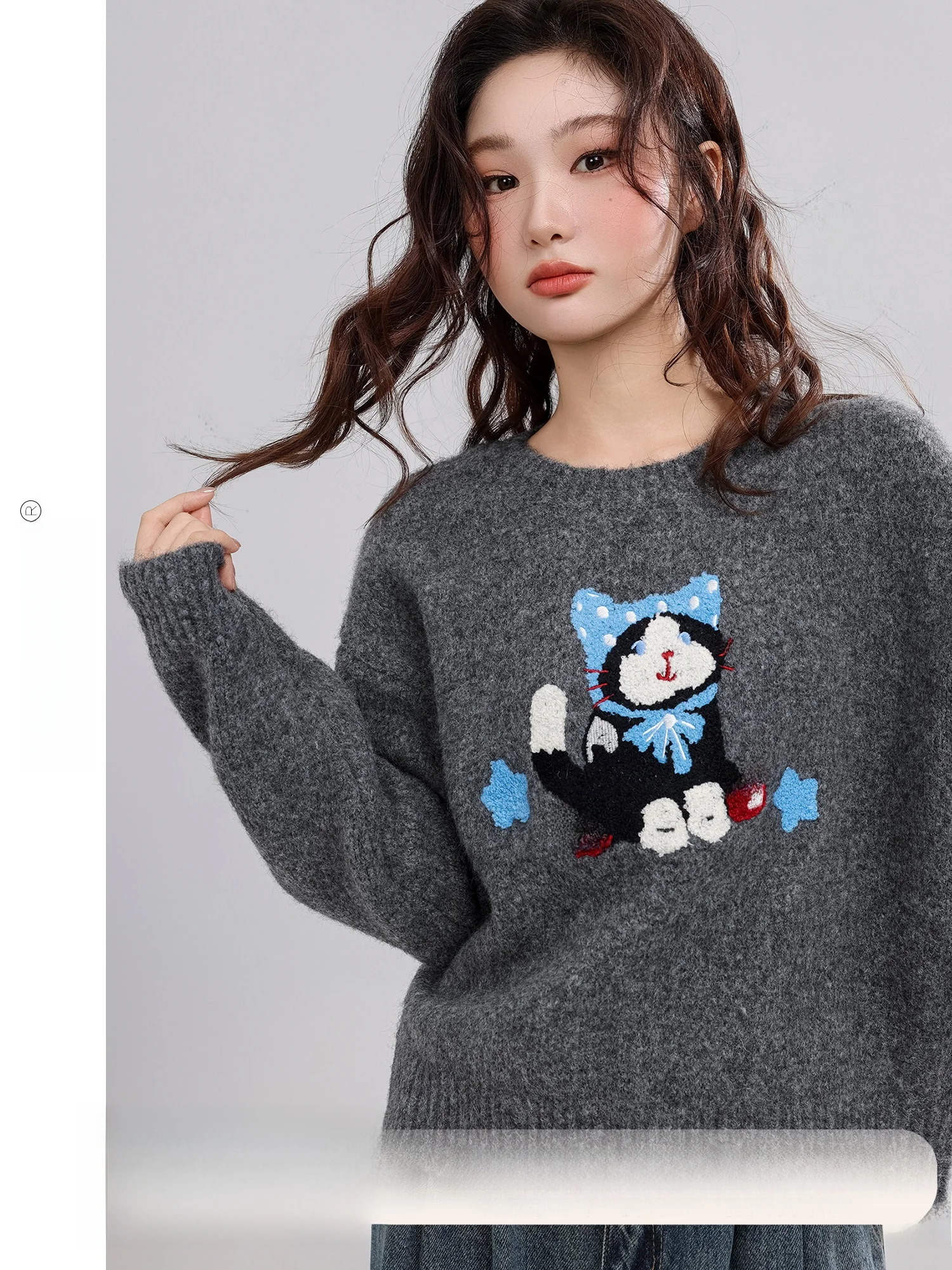 

round Ne Pattern Sweater Women's Casual Sle Winter New Arrival ey Color Fce Lined Long Sve Knitted Top