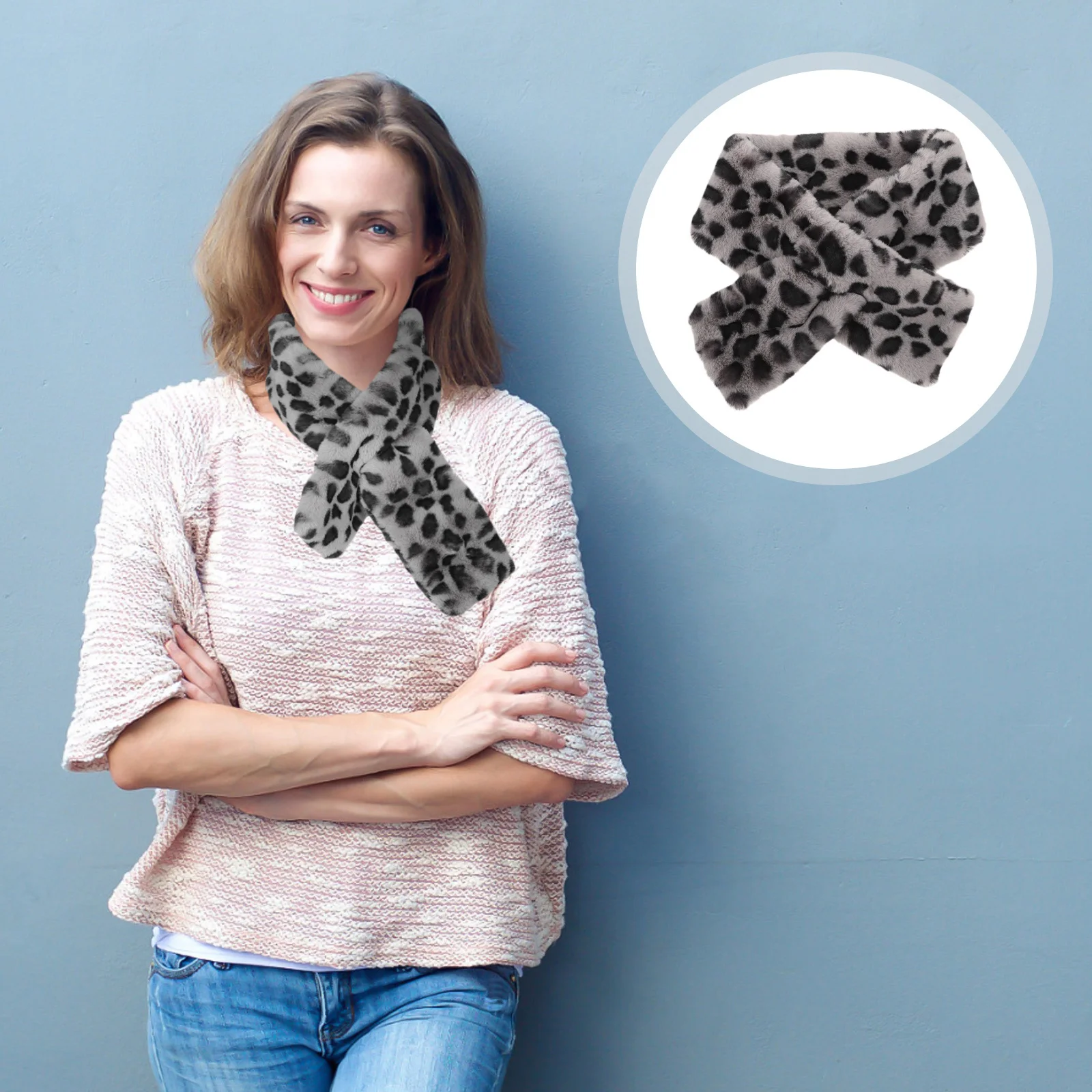 

2Pcs Leopard Print Faux Rabbit Winter Neck Warmer Scarf Soft Warm Shawl Christmas Party Holiday Scarf Women Winter Wrap