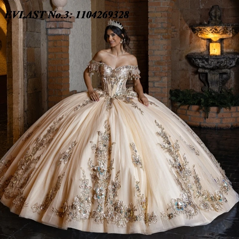 

EVLAST Customized Shiny Champagne Quinceanera Dress Ball Gown 3D Floral Applique Beading Sweet 16 Vestidos De 15 Anos E3Q830