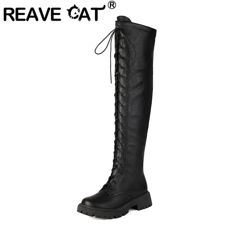 

REAVE CAT 2025 Ретро Сапоги до бедра с круглым носком на массивном каблуке 4,5 см Платформа на молнии со шнуровкой Расширенный размер 41 42 43 Ежедневные сапоги до колена