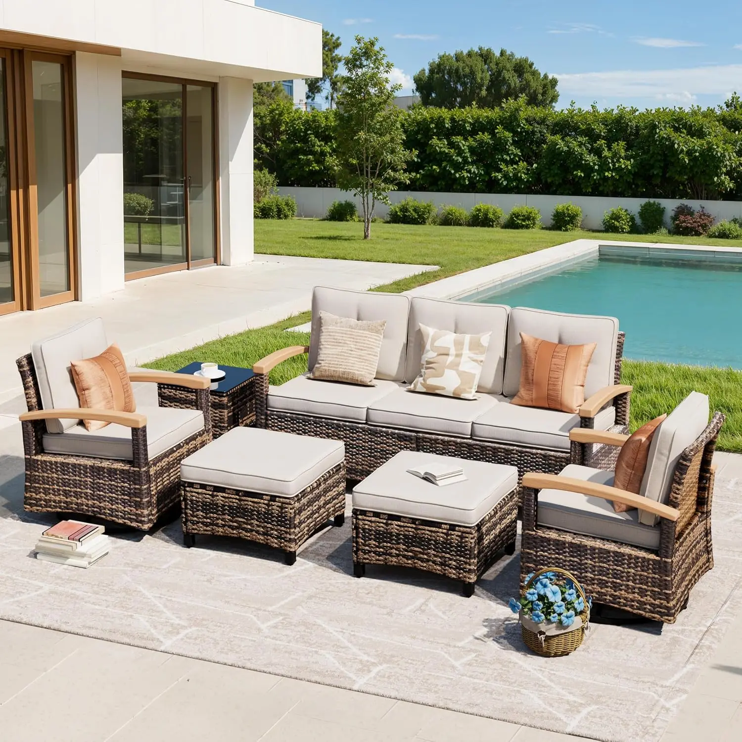 6-Piece Wicker Patio Conversation Set with 2 Swivel Glide Chairs, 2 Ottomans, Wood Armrests for Deck Yard Poolside, Customized