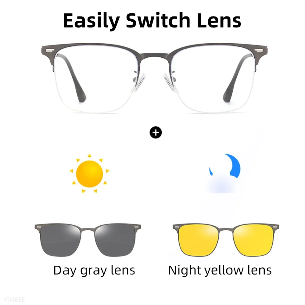 VIVIBEE نظارات طبية مخصصة شبه بدون شفة 3 في 1 مشبك مغناطيسي على النظارات الشمسية المستقطبة من التيتانيوم النظارات البصرية