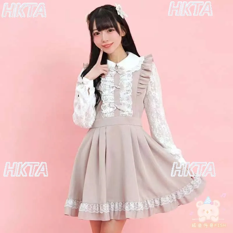 

Летнее новое платье в стиле Лолиты в японском стиле с кружевной отделкой и лоскутными рукавами, модное универсальное милое розовое платье