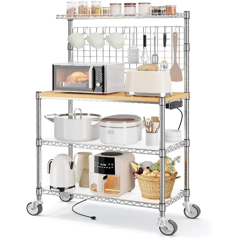 Bakers Rack with Power Outlet & Storage, 36 Inch Microwave Stand Kitchen Cart, 4-Tier Metal Kitchen Shelves Cart with Wh