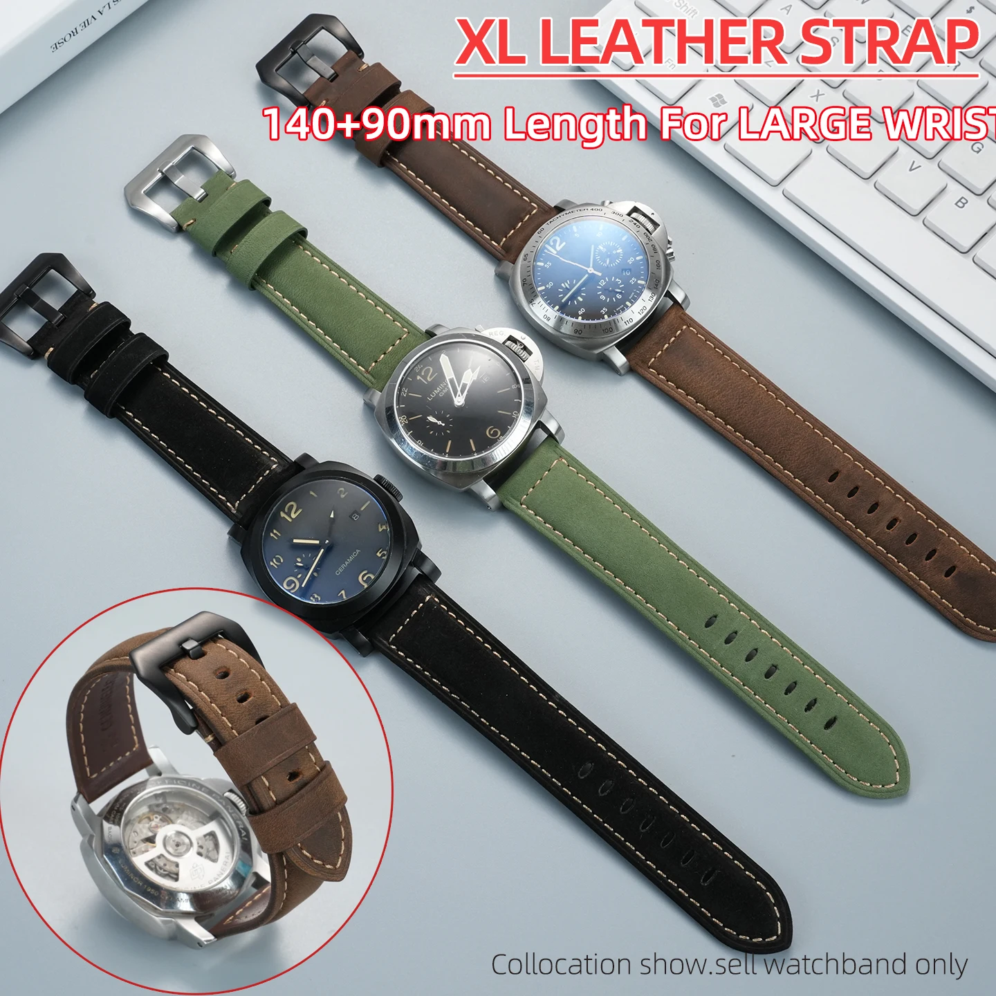 140+90mm Long Extended watch band For Panerai SEIKO Fossil Vintage lengthen thicken watch strap Frosted cow leather men 22 24mm