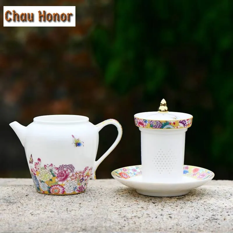 

240ml Butterfly Dance Flower Ceramic Teapot Luxury Fragrance Pot Tea Brewing Kettle with Infuser Puer Cha Twaware Supplies Gift