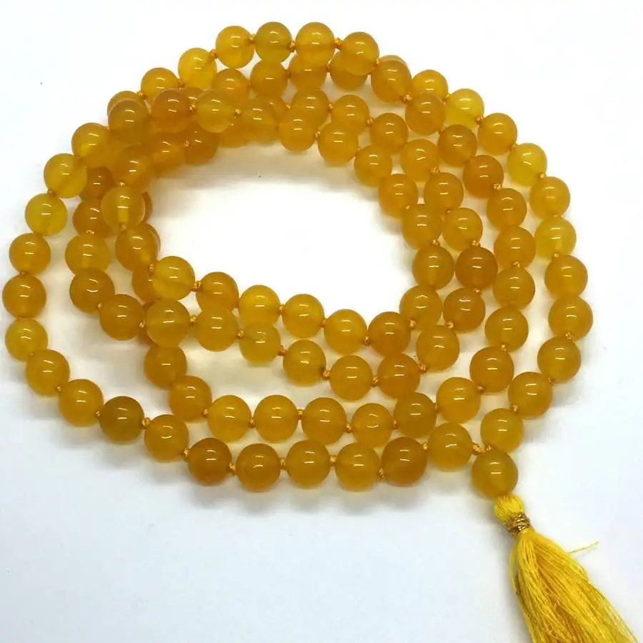 

Natural Yellow Jade 108 Beads Mala Necklace with Gold Tassel Spiritual Meditation Jewelry