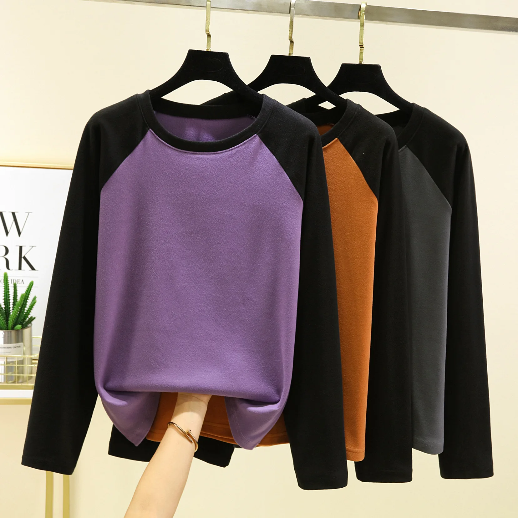 Dralon Contrast color Bottoming T-shirt O-Neck Warm fleece Tshirts Longsleeves Autumn winter Tee Tops