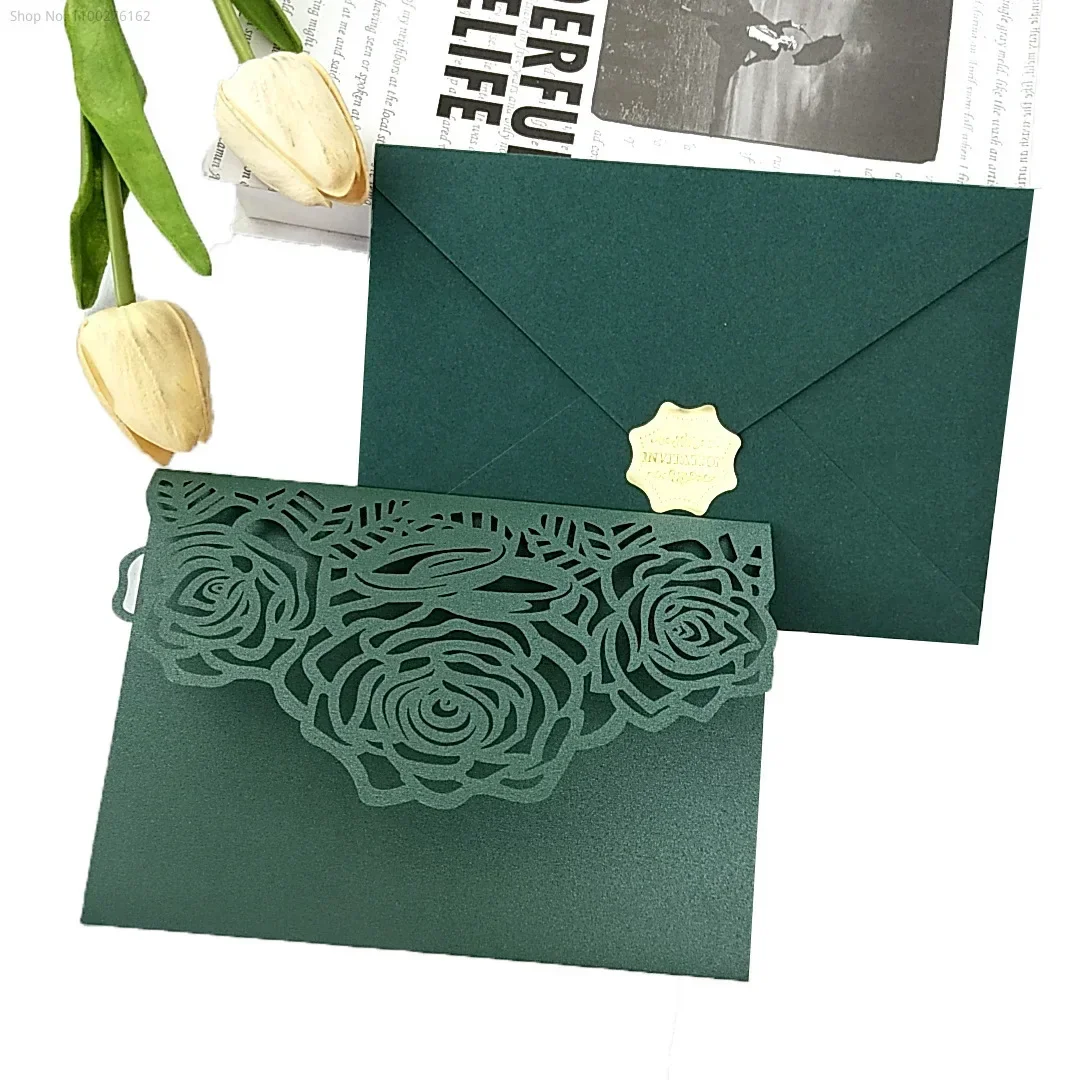 (10 unids/lote) invitaciones de boda triples de color verde oscuro rosa cortada con láser tarjeta de felicitación de cumpleaños de quinceañera XV con RSVP