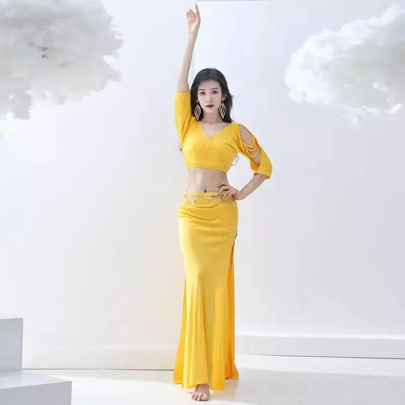 

Костюм для танца живота по индивидуальному заказу, новинка 2025 года, тренировочное платье с длинным платьем с вырезом Hot Diamond, сексуальный комплект для выступлений в восточном танцевале