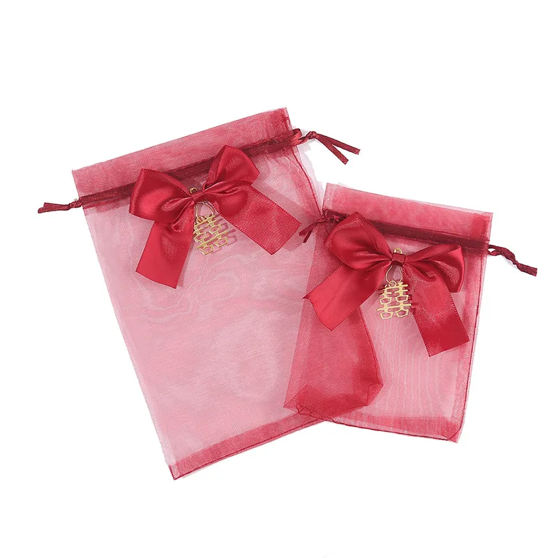 

50pcs Chinese Candy Bags Gift Boxes Packaging Bag Drawstring Organza Candy Bags Good Luck Red for Wedding Favors Engagement