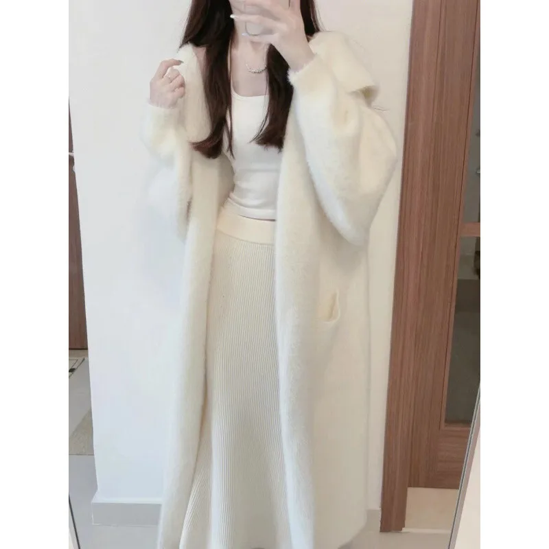 Hooded Coat, Mink Fur Sweater, Cardigan, Women's Autumn And Winter Lazy Style, Mid Length Over Knee Mohair Knit Sweater Jacket