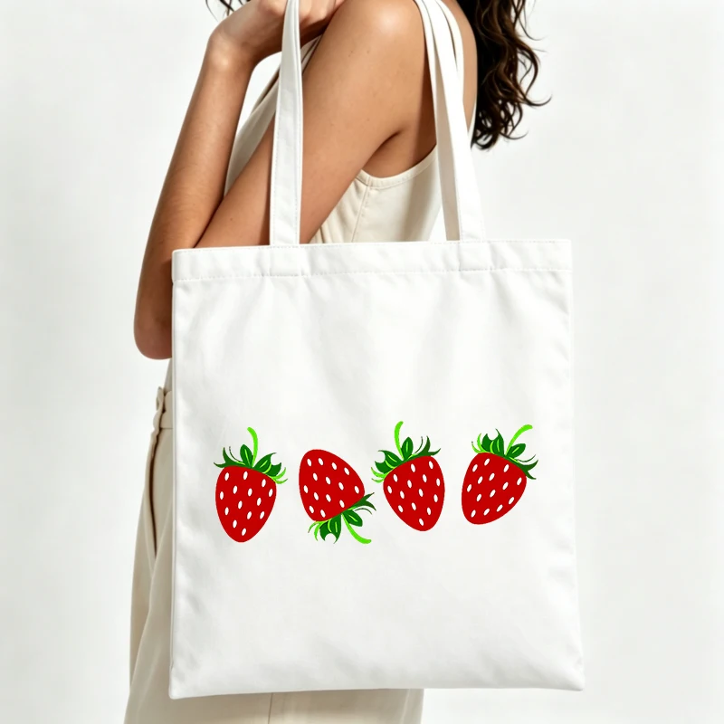 strawberry print canvas tote bag, casual style for daily shopping and summer outings