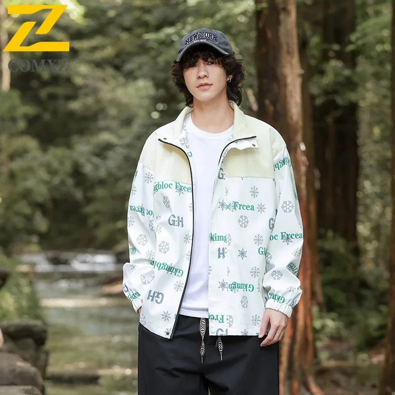 

COMXZ Premium Men Jacket Classic Print Design Stand Collar Outdoor Climbing Waterproof Coat Travel Breathable Autumn Garment