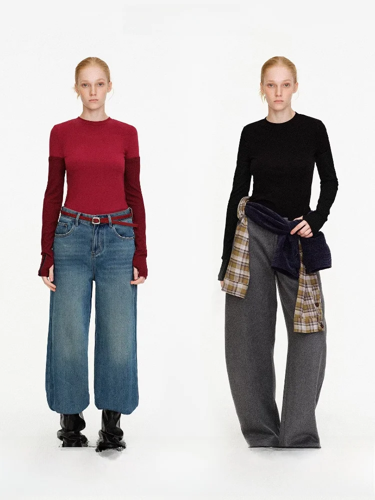 

Облегающая футболка с длинным рукавом, с ребристыми вставками, базовая, в корейском стиле, для повседневной носки, с круглым вырезом, с высокой талией