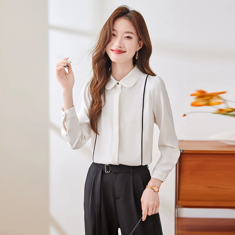 NAVIU New Slim Simplicity Solid Color Peter pan Collar Long Sleeve Shirt Women Clothes Casual All Match Office Lady Tops Blouses