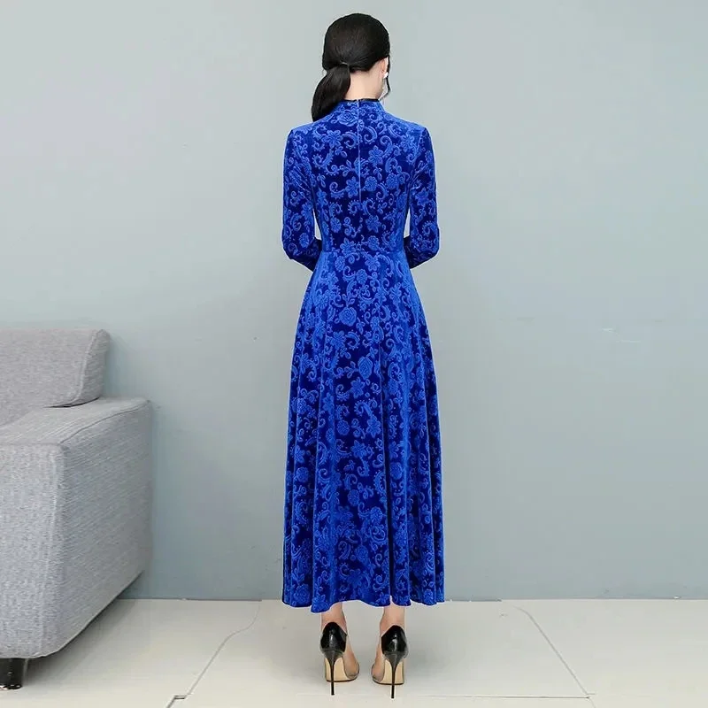 Women's Spring Autumn Collection Gold Velvet Cheongsam Collar Dress Fashion Long Sleeve Large Swing Dress Ladies Party Clothes