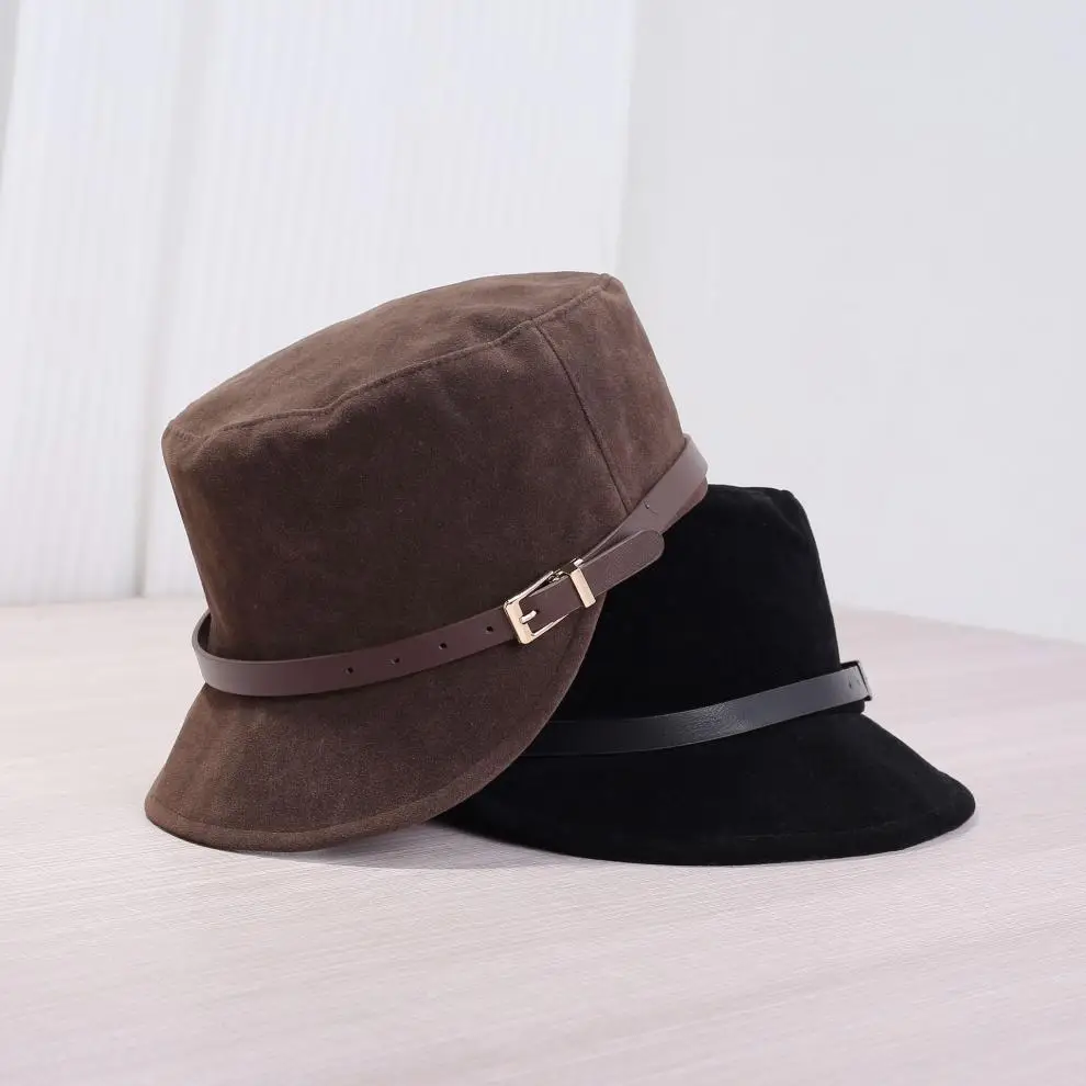 Suede Equestrian Hat for Women, Autumn and Winter Retro Flat-Top Octagonal Hat, Leather Buckle, Versatile for Shopping, Warm and Fashionable Street Style Hat