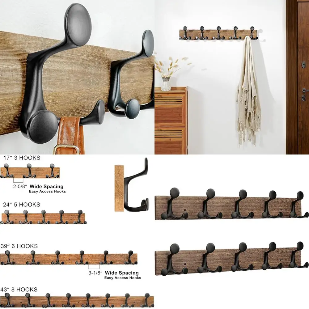 

24-Inch Wall-Mounted Burnt Wood Coat Rack with 5 Hooks - Great for Home, School, and Pet Supplies Storage