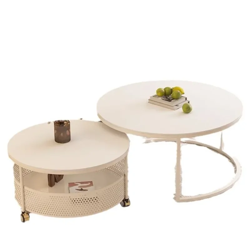 Modern Cream Sintered Stone Round Coffee Table with Wheels Light Luxury Living Room Furniture for Small Apartment
