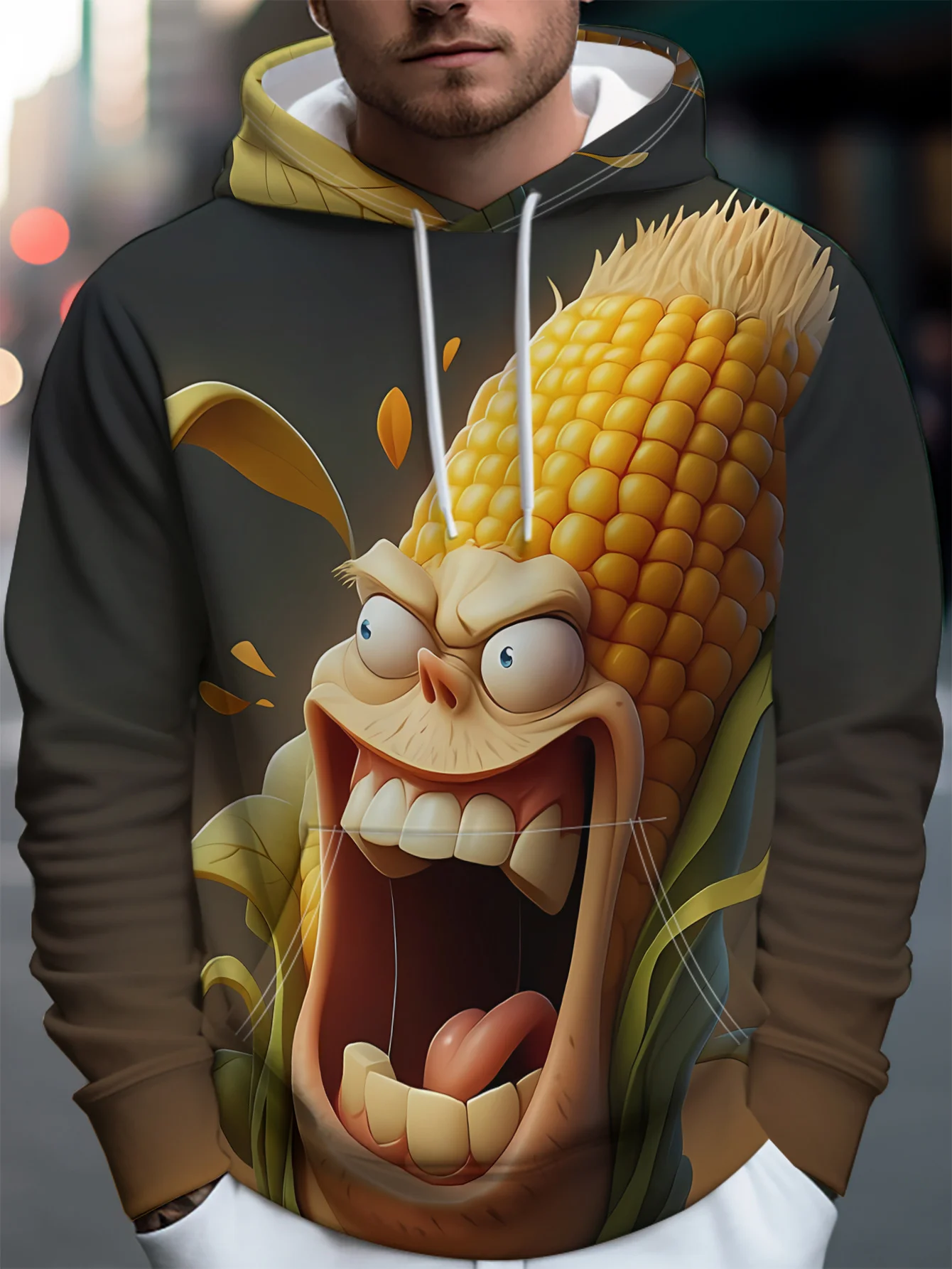 Men Dark Gradient Background Angry Cartoon Corn Character 3D Print Drawstring Hoodie With Pocket