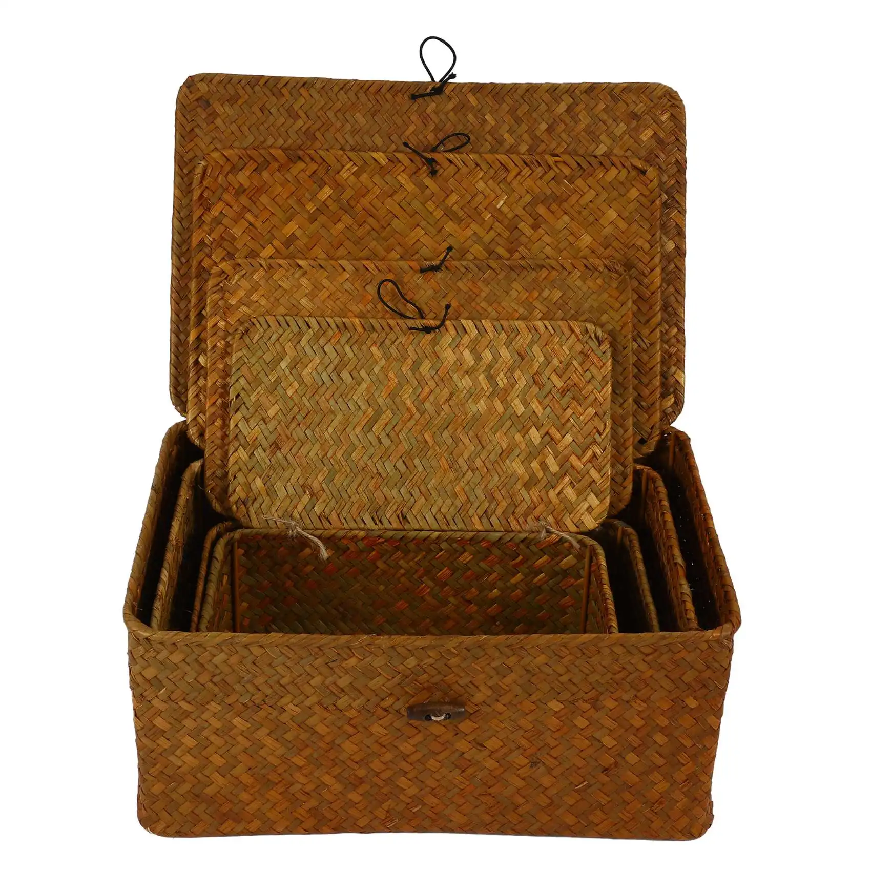 

ABWP-Seagrass Storage Baskets With Lids, Woven Rectangular Basket Bins, Wicker Storage Organizer For Shelf, Set Of 4