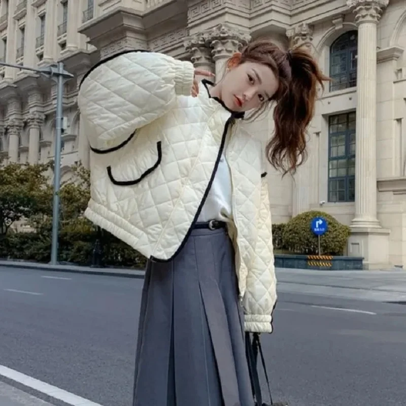 겨울 뉴 다운 코튼 자켓 루즈 한 통근자 스플 라이스 캐주얼 파카 여성 작은 향기 긴 소매 패딩 코트상의