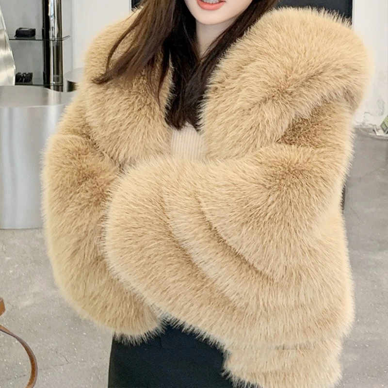 Mantel Bulu Imitasi Y2k Model Fox Berkerudung untuk Wanita, Mantel Pendek Tebal Hangat, Pakaian Luar Streetwear, Jaket Elegan Jahitan Terbuka, Musim Gugur Musim Dingin