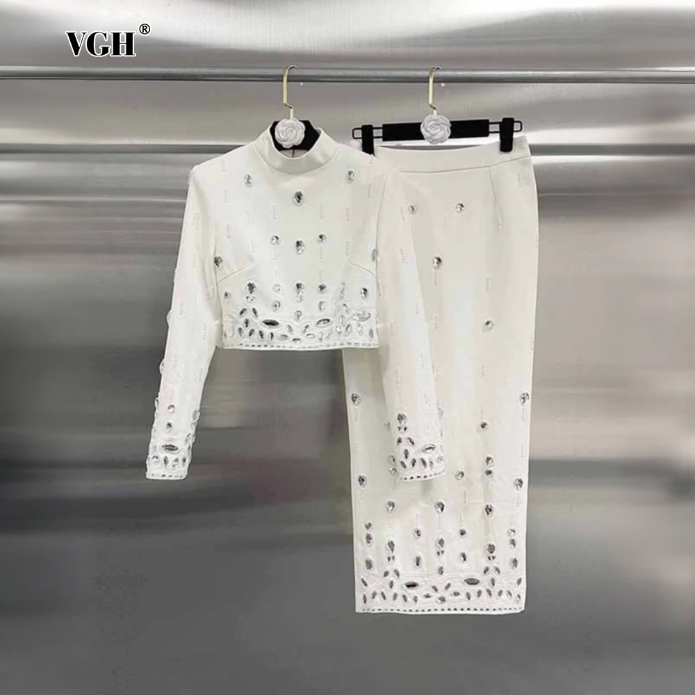 

VGH Elegant Chic Two Piece Set for Women Stand Collar Long Sleeve Spliced Diamonds Top High Waist Slimming Skirt Suits Female