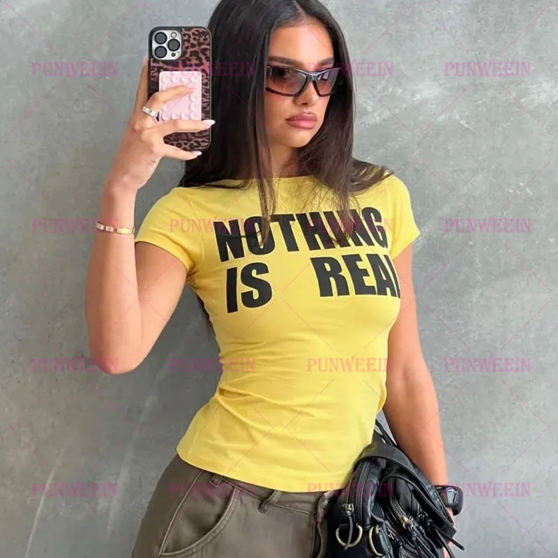 Y2k Nothing Is Real Letter Print T-shirt Trashy 2000s Tattoo American Style T-Shirt Vintage Harajuku Top Gothic Hot Girls Tees