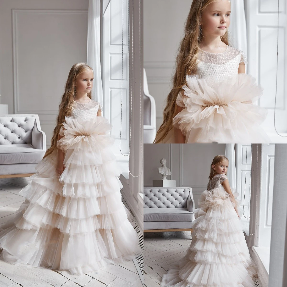 

Tulle Puffy Flower Girl Dresses For Wedding Tiered A Line Floor Length Short Sleeves Kids Prom Gown First Communication Dress