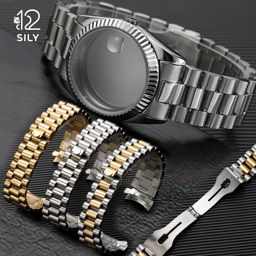 20mm Curved End Stainless Steel Wristband Solid Metal Strap for Rolex for Oyster Presidential Buckle for Men Silver Gold ﻿Straps