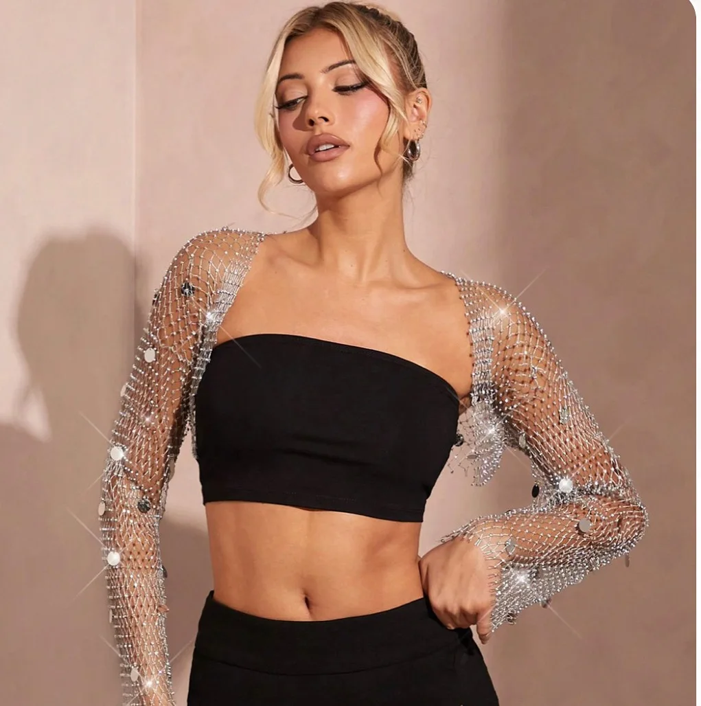 Fashion Sexy Fishnet Sequin Cardigan with Rhinestone Embellishments Wedding Party Props
