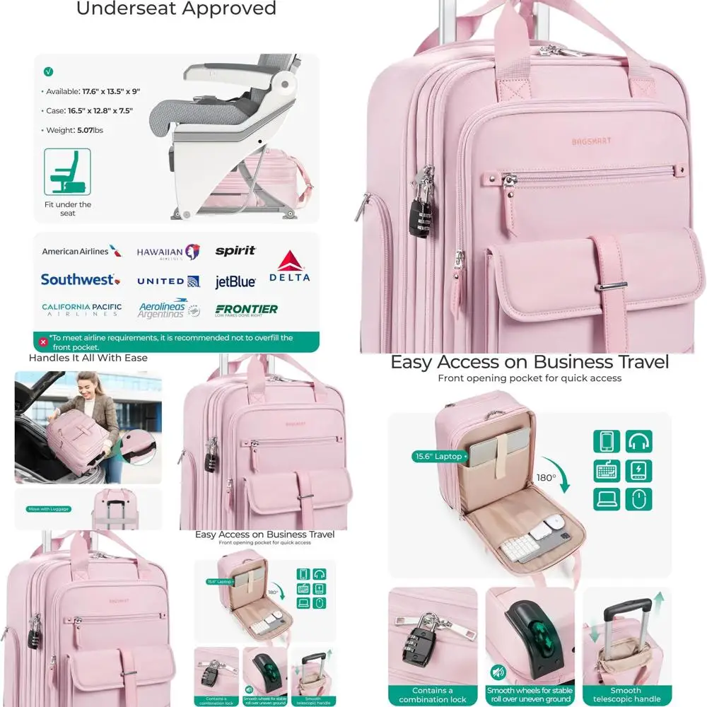 

16-inch Lightweight Pink Softside Carry-On Luggage for Women, Airline Approved Underseat Bag for Short Trips